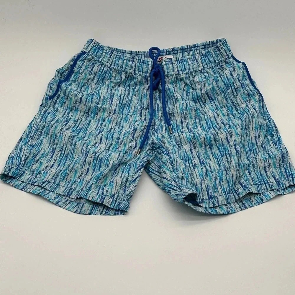 Mr.‎ Swim NYC Mens Blue White Abstract Brushstroke Swim Trunks Mesh Lined Small